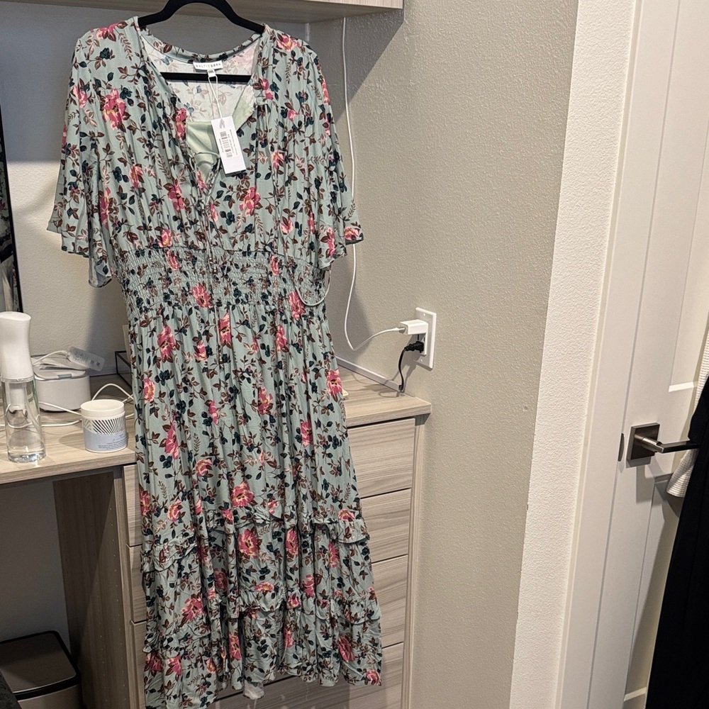 Spell Boho Midd Dress Sage and Pink Floral
